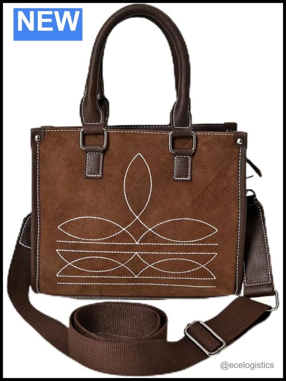 Genuine Leather Cowhide Western Tote Bag with Boot Stitch Embroidery,